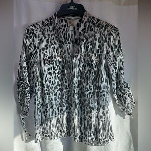 JM Collection 100% Linen Black and White Animal Print Blouse
